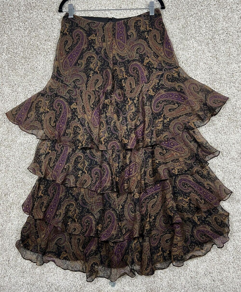 Vintage 1990s Lauren Ralph Lauren 100% Silk Tiered Maxi Skirt -Size 10 fits 6